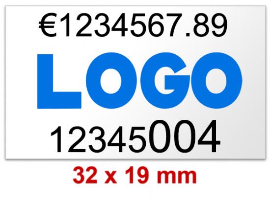 Preisetiketten 32 × 19 mm Randwölbung, weiß mit einem Firmenlogo oder -schriftzug