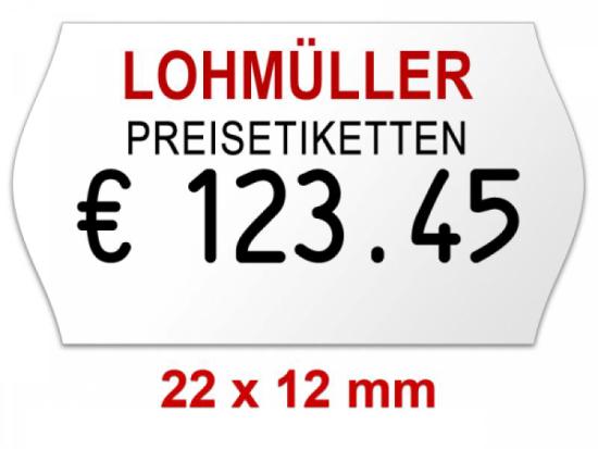 Preisetiketten 22x12 mm Weiß mit Firmenschriftzug Randwölbung