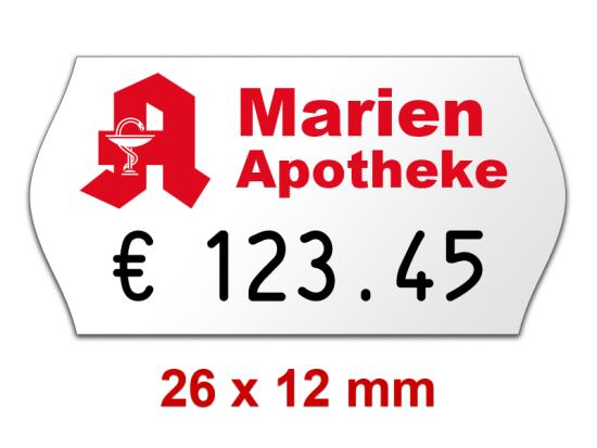 Preisetiketten 26×12 mm mit Firmenschriftzug oder Logo Weiß Randwölbung