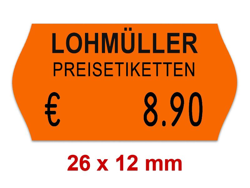 Preisetiketten 26x12 mm Leuchtfarbe mit Firmenschriftzug Randwölbung Preisetiketten 26x12 mm Leuchtfarbe mit Firmenschriftzug Randwölbung