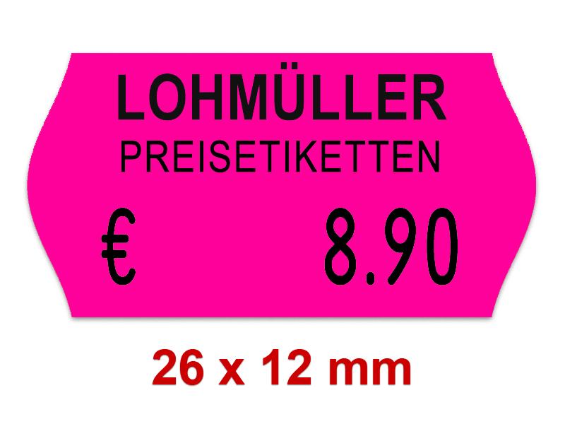 Preisetiketten 26x12 mm Leuchtfarbe mit Firmenschriftzug Randwölbung Preisetiketten 26x12 mm Leuchtfarbe mit Firmenschriftzug Randwölbung