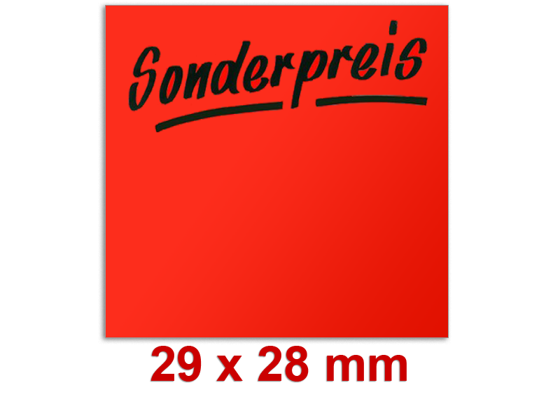 Preisetiketten mit einem Standardaufdruck, 29 × 28 mm, leuchtrot Preisetiketten mit einem Standardaufdruck, 29 × 28 mm, leuchtrot