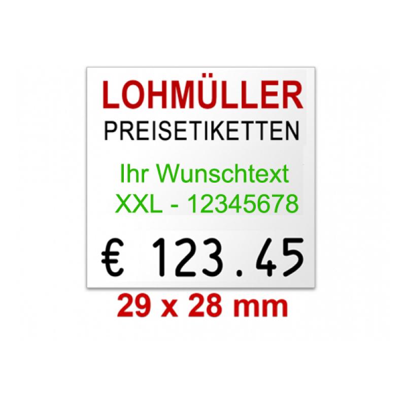 Preisetiketten 29x28 mm Farbig mit Firmenschriftzug Rechteck Preisetiketten 29x28 mm Farbig mit Firmenschriftzug Rechteck