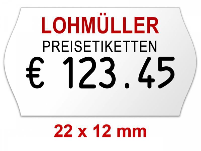 Preisetiketten 22x12 mm Weiß mit Firmenschriftzug Randwölbung