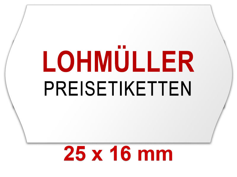 Preisetiketten 25x16 mm weiß mit Firmenschriftzug Randwölbung