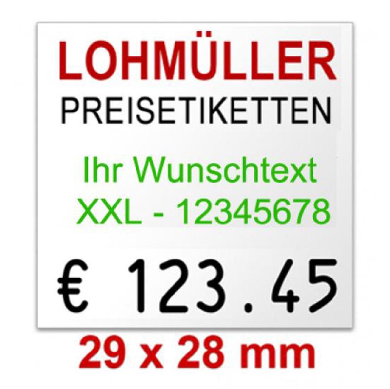 Outdoor-Preisetiketten 29 × 28 mm, weiß mit Firmenschriftzug, rechteckig