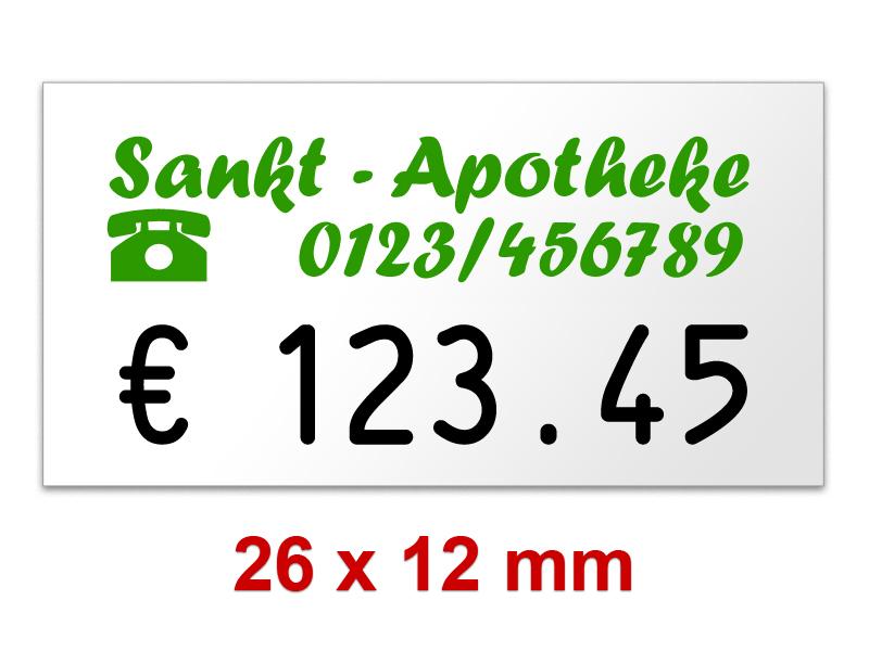 Preisetiketten 26x12 mm mit ihrem Firmenschriftzug Randwölbung