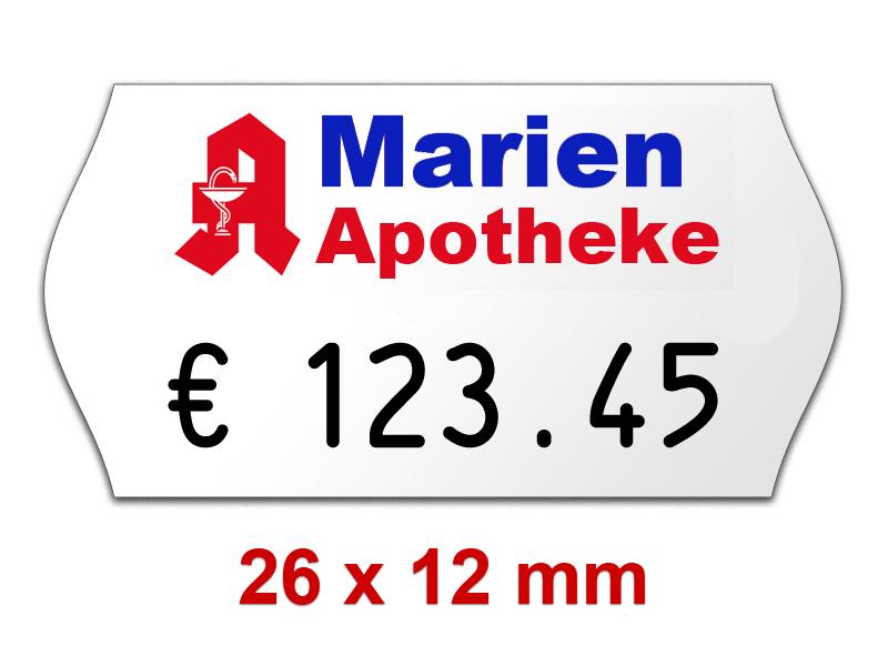 Preisetiketten 26×12 mm mit Firmenschriftzug oder Logo Weiß Randwölbung